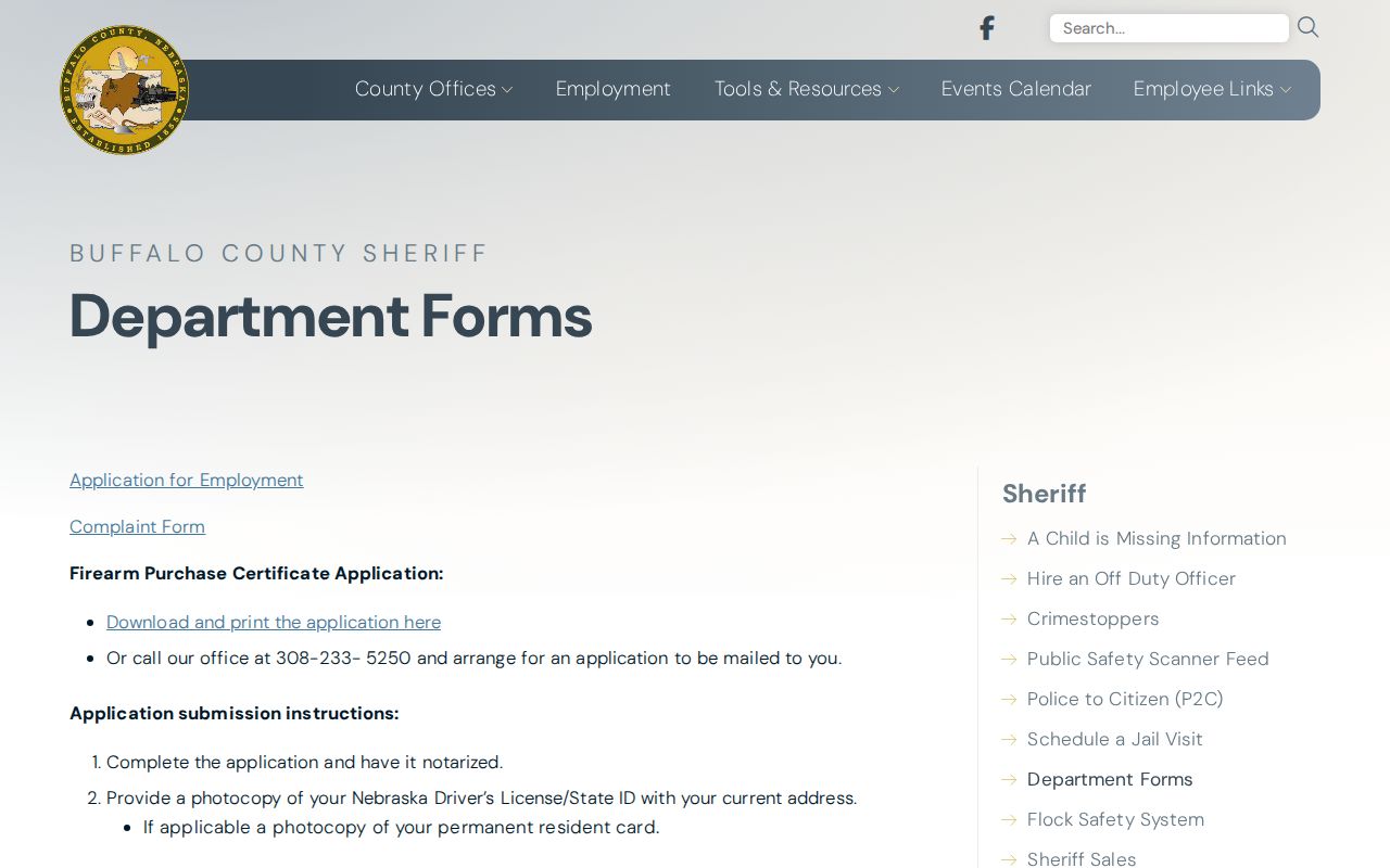 Buffalo County Sheriff department forms page