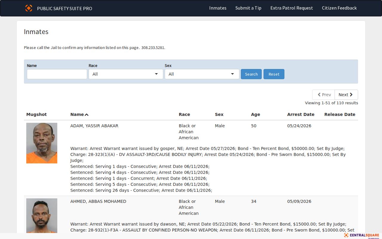 Buffalo County P2C inmate inquiry search screen