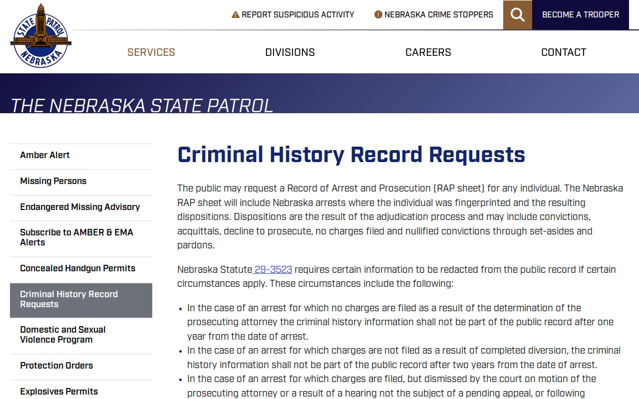 Buffalo County criminal history Nebraska State Patrol request routes