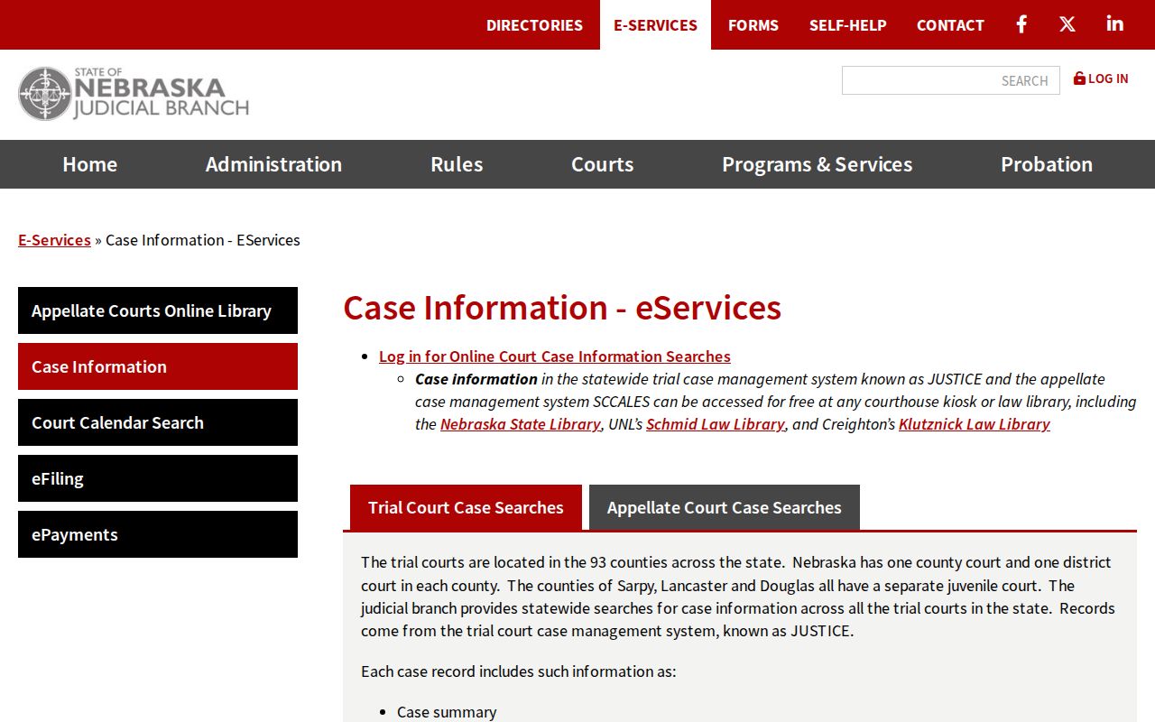 Nebraska JUSTICE case information service options
