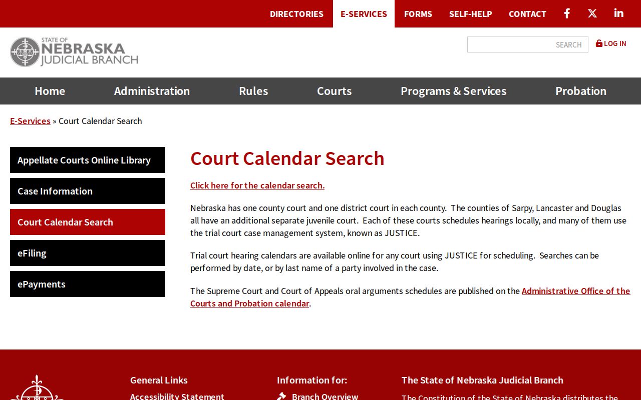 Nebraska statewide court calendar search filters