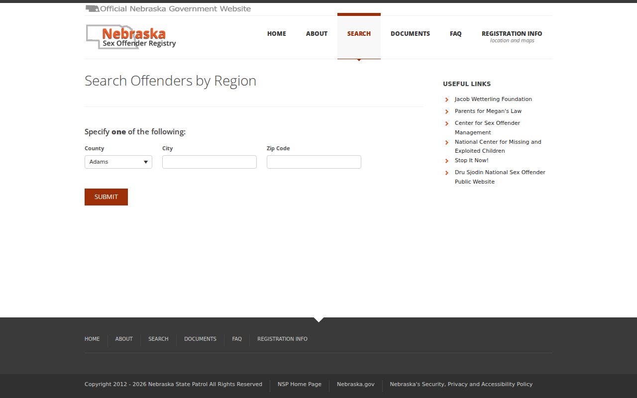 Buffalo County sex offender search region fields